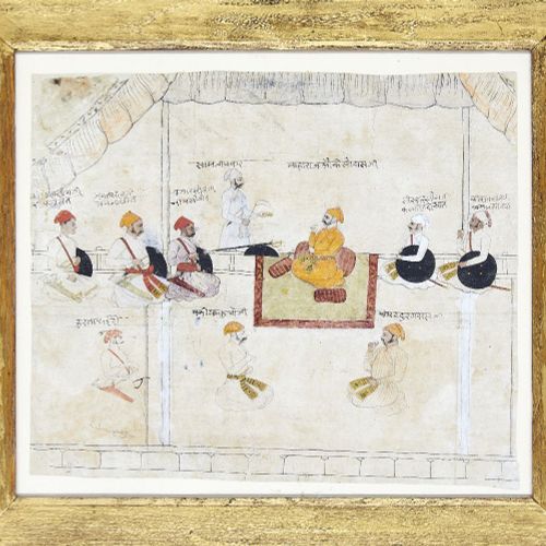 Null 一幅以Devanagari文字标识的坐着的杜尔巴图，印度Mewar，18世纪末，不透明颜料，纸上钢笔和铅笔，中间显示的统治者身穿藏红花色的长袍，有垫子&hellip;