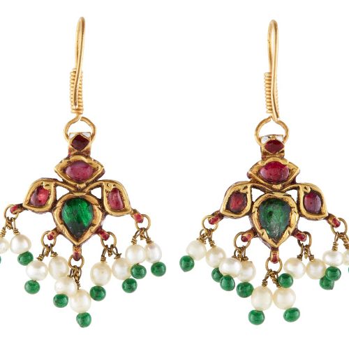 Null A pair of ruby, emerald and diamond set gold earrings by repute formerly in&hellip;