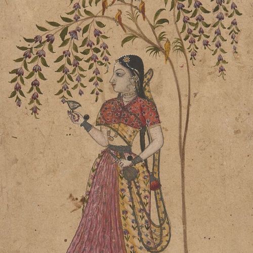 Null 手持酒杯和酒瓶站在树下的女孩，北德干，可能是印度马拉塔，18世纪初，不透明的颜料在纸上用银和金加高，18.5 x 12.5厘米。



一个站在花树下&hellip;