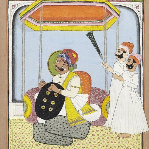 Null 一个坐着的统治者和随从，印度旁遮普省梅瓦尔，约1900年，不透明的颜料在纸上用金和银加高，图中的统治者带着光环，面向左边，跪在一个大的长枕垫上，脚下是&hellip;