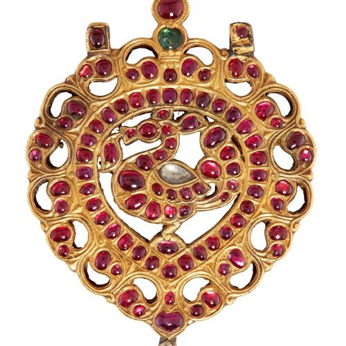 Null An exceptional ruby-set gold peacock pendant, South India, 18th century, of&hellip;