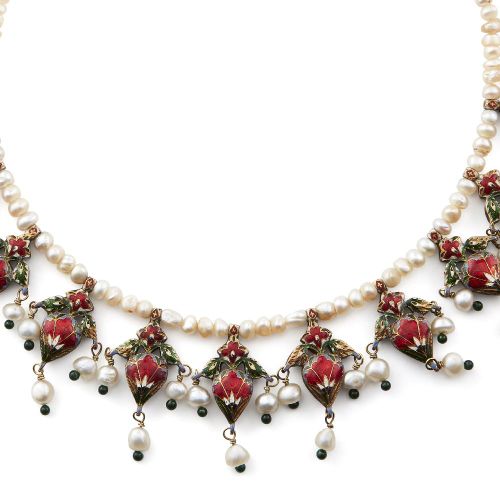 Null A fine Mughal diamond and natural pearl-set gold necklace, Jaipur,19th cent&hellip;