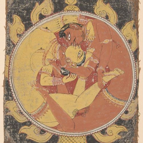 Null 镜子里的恋人，奥里萨邦，18世纪，棉布上的不透明水彩画，画中人物相拥在一起，20 x 15厘米。



两位恋人在激情的拥抱中纠缠在一起，他们的四肢和&hellip;
