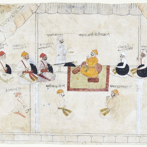 Null 一幅以Devanagari文字标识的坐着的杜尔巴图，印度Mewar，18世纪末，不透明颜料，纸上钢笔和铅笔，中间显示的统治者身穿藏红花色的长袍，有垫子&hellip;