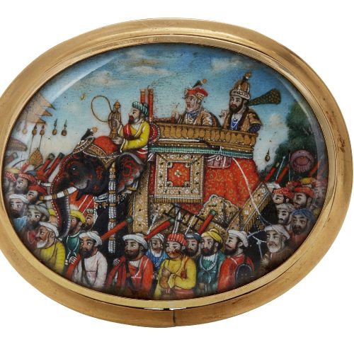 Null A finely painted Mughal miniature on ivory depicting a procession of Akbar &hellip;