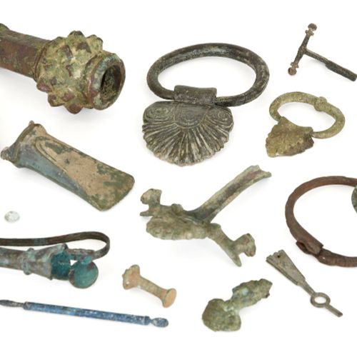 Null A collection of bronze and iron items, including a macehead, handles, Iron &hellip;