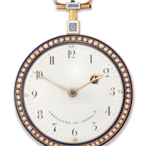 Null Chevalier et Comp. A gold, enamel and seed pearl open face pocket watch 
Nu&hellip;
