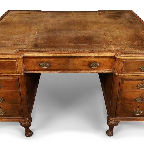 Null An English walnut inverted breakfront partners desk, Queen Anne style, firs&hellip;