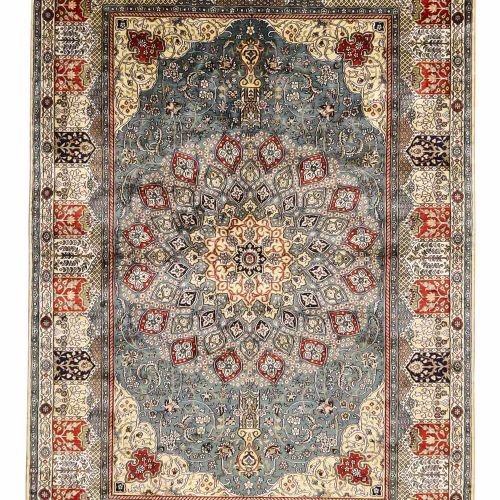 Null A Turkish silk Kayseri rug, last quarter 20th century, the central floral m&hellip;