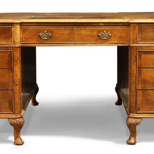 Null An English walnut inverted breakfront partners desk, Queen Anne style, firs&hellip;