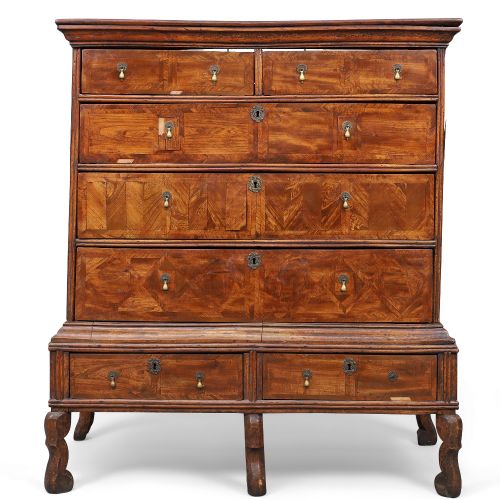 Null An English walnut and oak feather banded chest on stand, first quarter 18th&hellip;