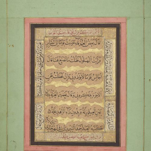 Null 书法册页中的四张拆页、

伊朗，17 世纪及以后，其中一本表面上有艾哈迈德-纳伊里齐的签名，日期为公元 1114AH/1703 年

两幅作品置于浅绿&hellip;