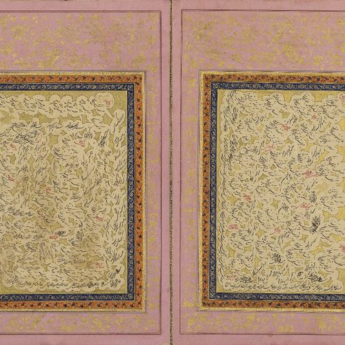 Null 赞德书法双开本

两幅画均有签名和年代 AH1184/1770AD

每幅书法作品均为黑色 Shikasteh 字体，以金色为底，在云带内排列，偶尔有&hellip;