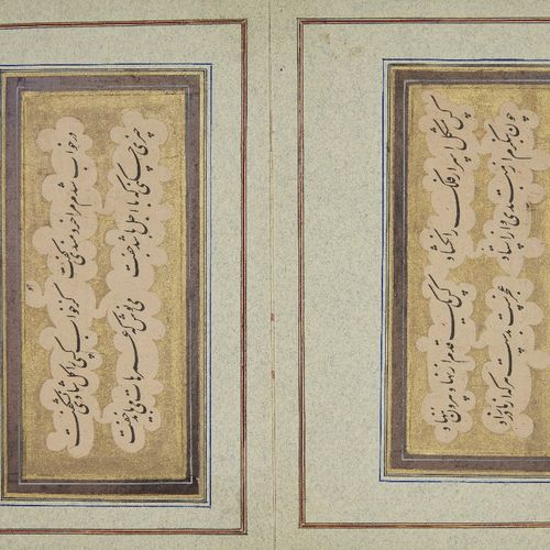 Null 书法画册

伊朗卡扎尔王朝，约 1900 年

8 幅书法画板，每幅画板上有 2 画幅黑色纳斯塔利克云纹，金色矩形底，黑色外边框，装裱在淡蓝色对开本上&hellip;