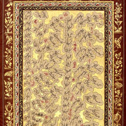 Null 一件赞德书法双开册页，每幅都有签名和年代 1184AH/1770 AD，金色底面上的云带中排列着黑色的 Shikasteh 字体，偶尔有红色的字，在花&hellip;