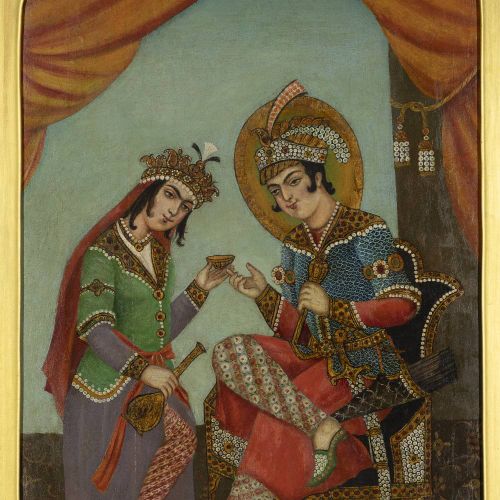 Null 无底价出售

两情相悦

伊朗，约 1900 年或之后

布面油画，男的身着王子礼服，手持权杖，女的手持杯子和瓶子，有框

103 x 62.5 厘米&hellip;