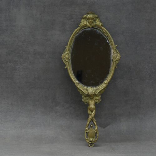 Null Miroir à main a décor d'anges en bronze, Hauteur :31 cm