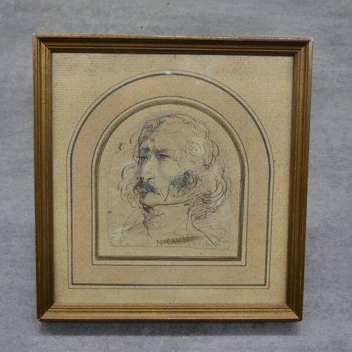 Dessin Portrait d'homme, dessin à l'encre et au crayon sur papier, signé Nicault&hellip;