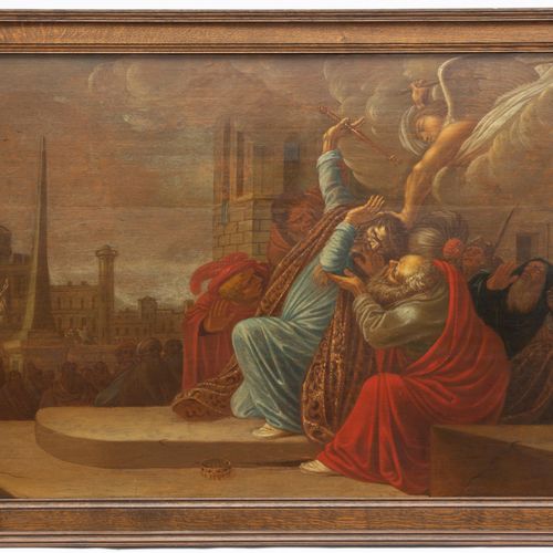 Jacob Pynas (1592/3-1650/60) 雅各布-皮纳斯（1592/3-1650/60），《天使与大卫王》，板面油画，71x127厘米，签名并注&hellip;