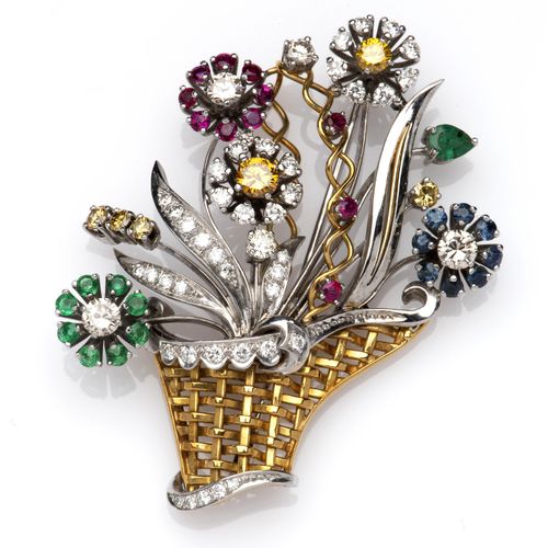 A 14k gold gem set and diamond flower basket brooch Una spilla a cesto di fiori &hellip;