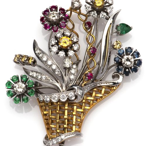A 14k gold gem set and diamond flower basket brooch 一枚14K金宝石和钻石花篮胸针，花篮里装满了镶有钻石的花&hellip;