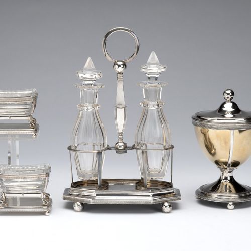 A Dutch silver oil and vinegar holder, two salt cellars and a vase holder with g&hellip;