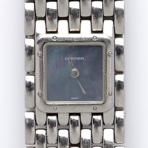 A steel lady's wristwatch, by Cartier 一款钢制女士腕表，由卡地亚出品，编号2420，石英机芯，钢制砖形链节表带，以方形珍珠&hellip;