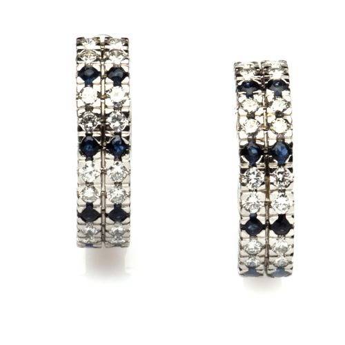 A pair of sapphire and diamond creole earrings 一对蓝宝石和钻石克里奥尔耳环，每只耳环前面都镶嵌了双排明亮式切割钻&hellip;