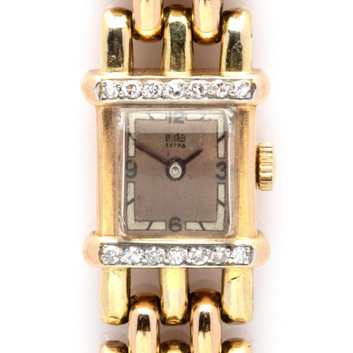 An 18k gold diamond-set lady's bracelet watch, by Arsa Arsa出品的18K金镶钻女士手镯表，方形双色表盘&hellip;