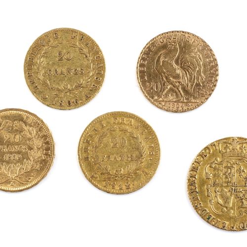 A collection of five gold coins Colección de cinco monedas de oro, GB, Jorge III&hellip;