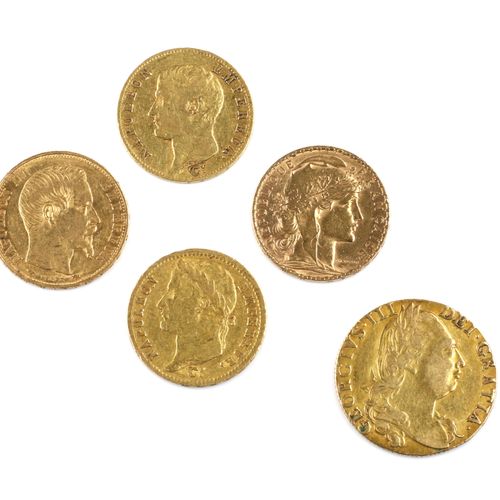 A collection of five gold coins 五枚金币收藏，英国，乔治三世，半基尼，1777；法国20ff 1806，1812，1859和19&hellip;