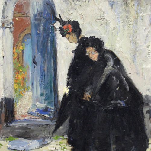Julien Celos (Belgisch, 1884-1953) 朱利安-塞洛斯（比利时，1884-1953），《两个穿黑衣服的女人》，签名和日期为 "朱利&hellip;