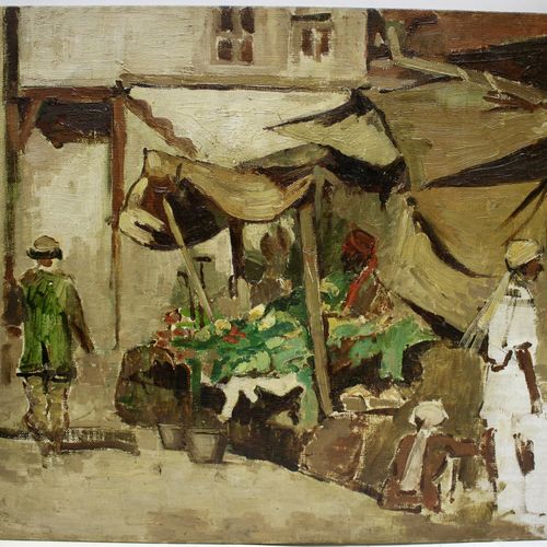 Zuid-Europese School (circa 1900) 南欧画派（约1900年），南方城市的市场场景，布面油画，铺在木板上，无框，30,5x34,5&hellip;