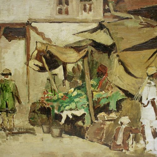 Zuid-Europese School (circa 1900) 南欧画派（约1900年），南方城市的市场场景，布面油画，铺在木板上，无框，30,5x34,5&hellip;