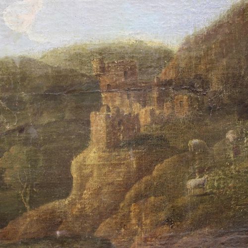Europese School (18de eeuw) 欧洲学派（18世纪），意大利风景，背景是湖和城堡，布面油画，无框，71x117厘米，状态：清漆变黄，表面&hellip;