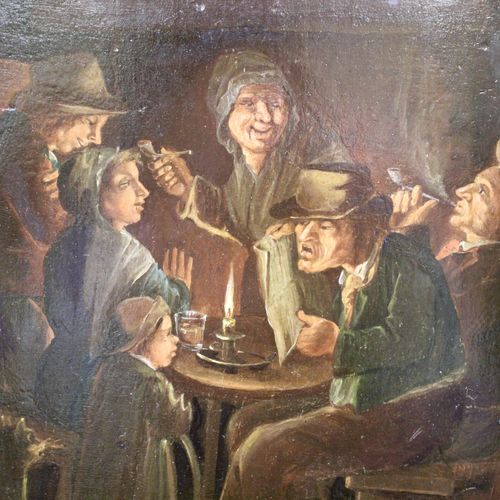 Hollandse School (19de eeuw) 荷兰学校（19世纪），农民在客栈里借着烛光抽烟，不清楚的签名（在椅子上），油画板，35x29厘米（带框&hellip;