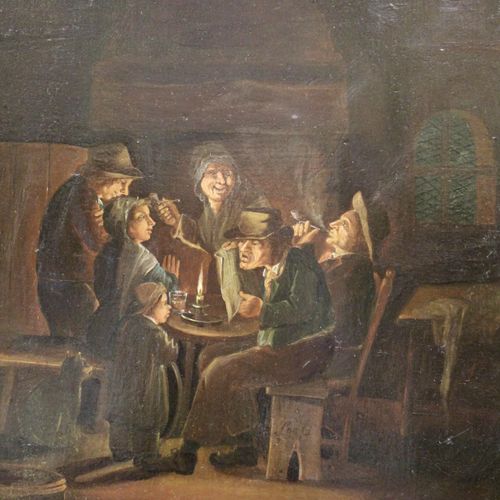 Hollandse School (19de eeuw) 荷兰学校（19世纪），农民在客栈里借着烛光抽烟，不清楚的签名（在椅子上），油画板，35x29厘米（带框&hellip;