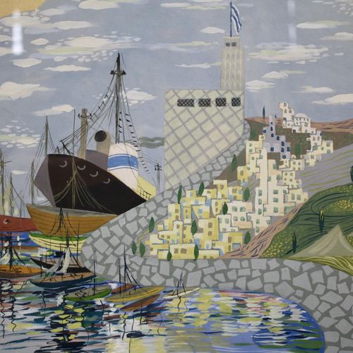Europese School (20ste eeuw) 欧洲学校（20世纪），希腊的海港景色，不清楚的签名（右下角），水粉画在纸上，85x56厘米（带框架：1&hellip;