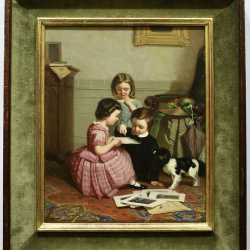 Anna Maria Immerzeel (1817-1883) 安娜-玛丽亚-伊默泽尔（1817-1883），室内有孩子在看版画，签名为首字母，并注有 "à &hellip;