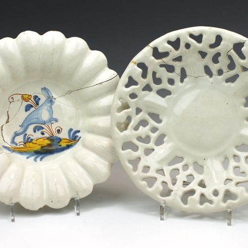 A white faience pierced bowl and a French majolica lobed dish A white faience pi&hellip;
