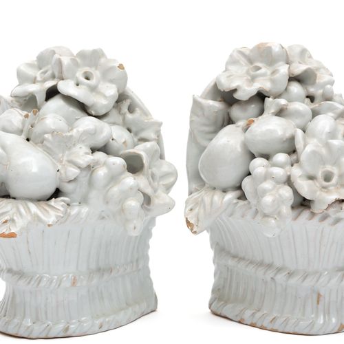 A pair of white faience flower basket bookends A pair of white faience flower ba&hellip;