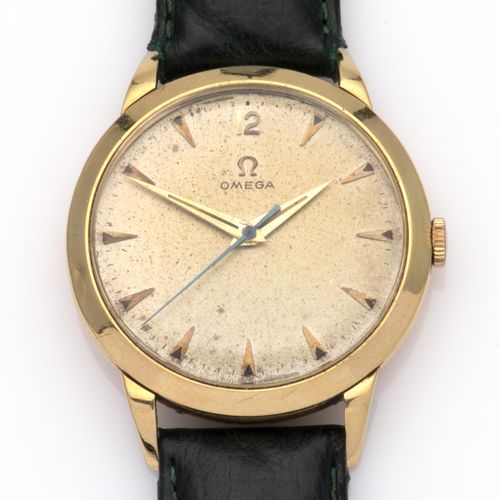 An 18k gold gentlemen's wristwatch, Omega 欧米茄18K金男士腕表，Cal.283，机械机芯，圆形金质表壳，银色表盘，表&hellip;