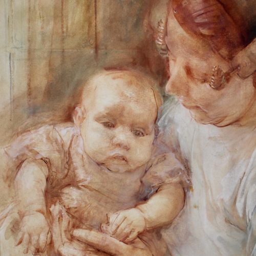 Paul RINK (1861-1903) Paul Rink (1861-1903), Mère et bébé, aquarelle, 52x35 cm (&hellip;