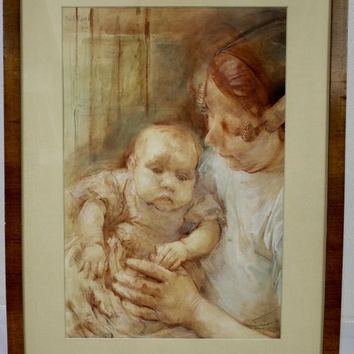 Paul RINK (1861-1903) Paul Rink (1861-1903), Mère et bébé, aquarelle, 52x35 cm (&hellip;