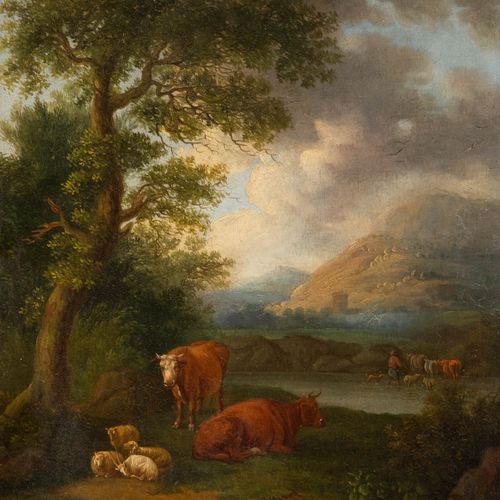 Een berglandschap met rustende kudde 荷兰学校（可能是17世纪末），有休息的牛群的山地风景，条件：有裂纹，一些表面的污垢，否&hellip;