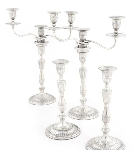 A pair of George III silver three-light candelabra and a pair of candlesticks en&hellip;