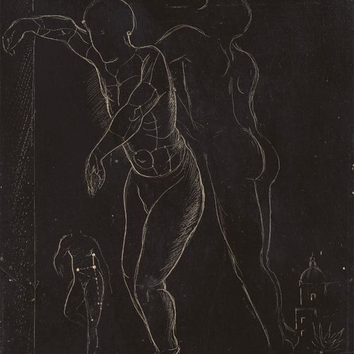 MAX ERNST Max Ernst, "(Schwebende Figuren)", Vers 1923, huile sur bois avec scar&hellip;
