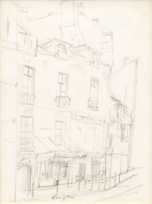 Tsuguharu Foujita_Paysage de Paris 纸上铅笔画，已签名（中间偏下），已装框，由东京Bijutsu俱乐部出具证书，25.9×19&hellip;