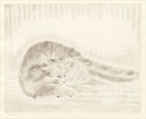Tsuguharu Foujita_Chat accroupi, from 'Les chats' 蚀刻画，彩色水印和中国贴花，1929年，在Japon上，铅笔&hellip;