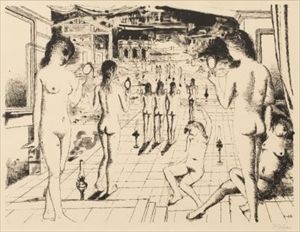 Paul Delvaux_Les Miroirs 石版画，1966年，在Arches上，铅笔签名，编号为21/50，有完整的边距，有框架，图像。50.0×66.&hellip;